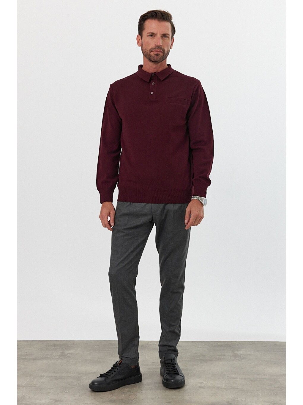 Bordo Erkek Standart Fit Polo Yaka Cepli Triko Kazak-1
