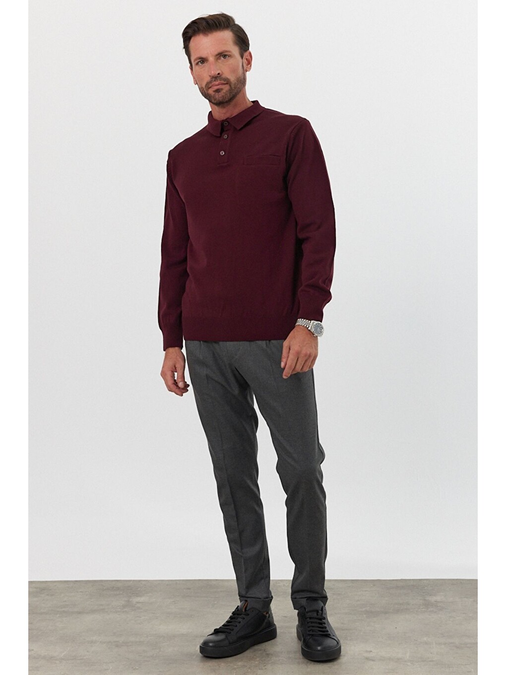 Bordo Erkek Standart Fit Polo Yaka Cepli Triko Kazak-2