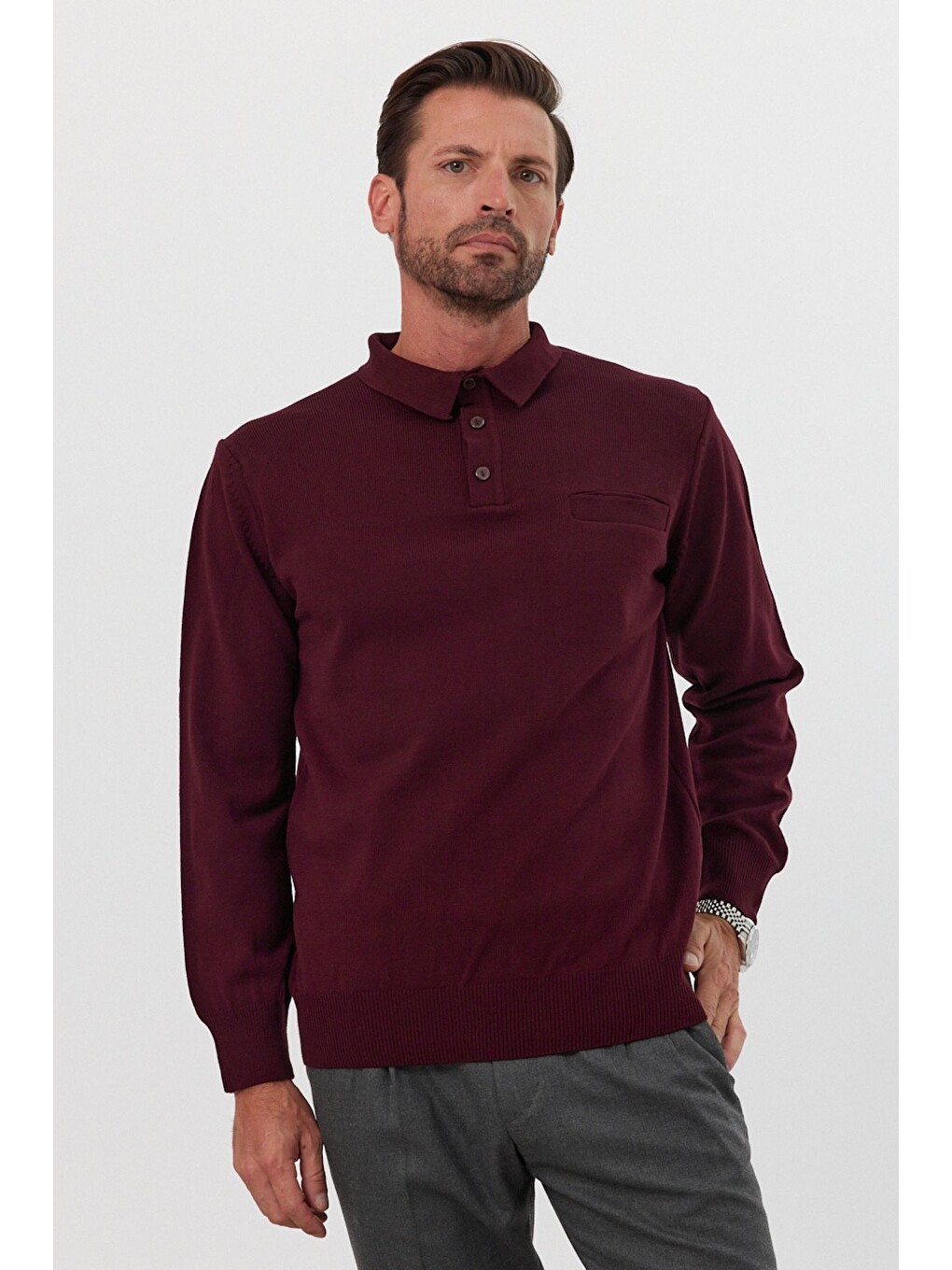 Bordo Erkek Standart Fit Polo Yaka Cepli Triko Kazak-3