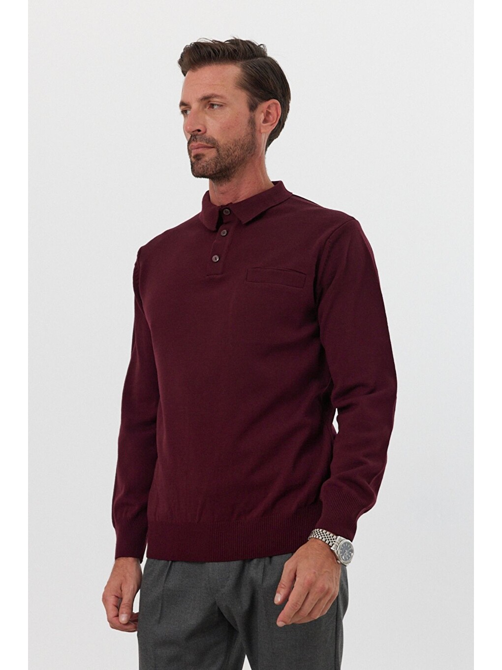 Bordo Erkek Standart Fit Polo Yaka Cepli Triko Kazak-4