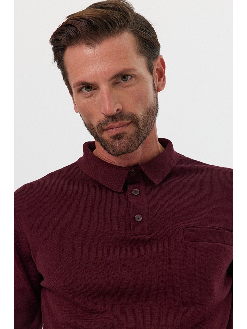 Bordo Erkek Standart Fit Polo Yaka Cepli Triko Kazak-5