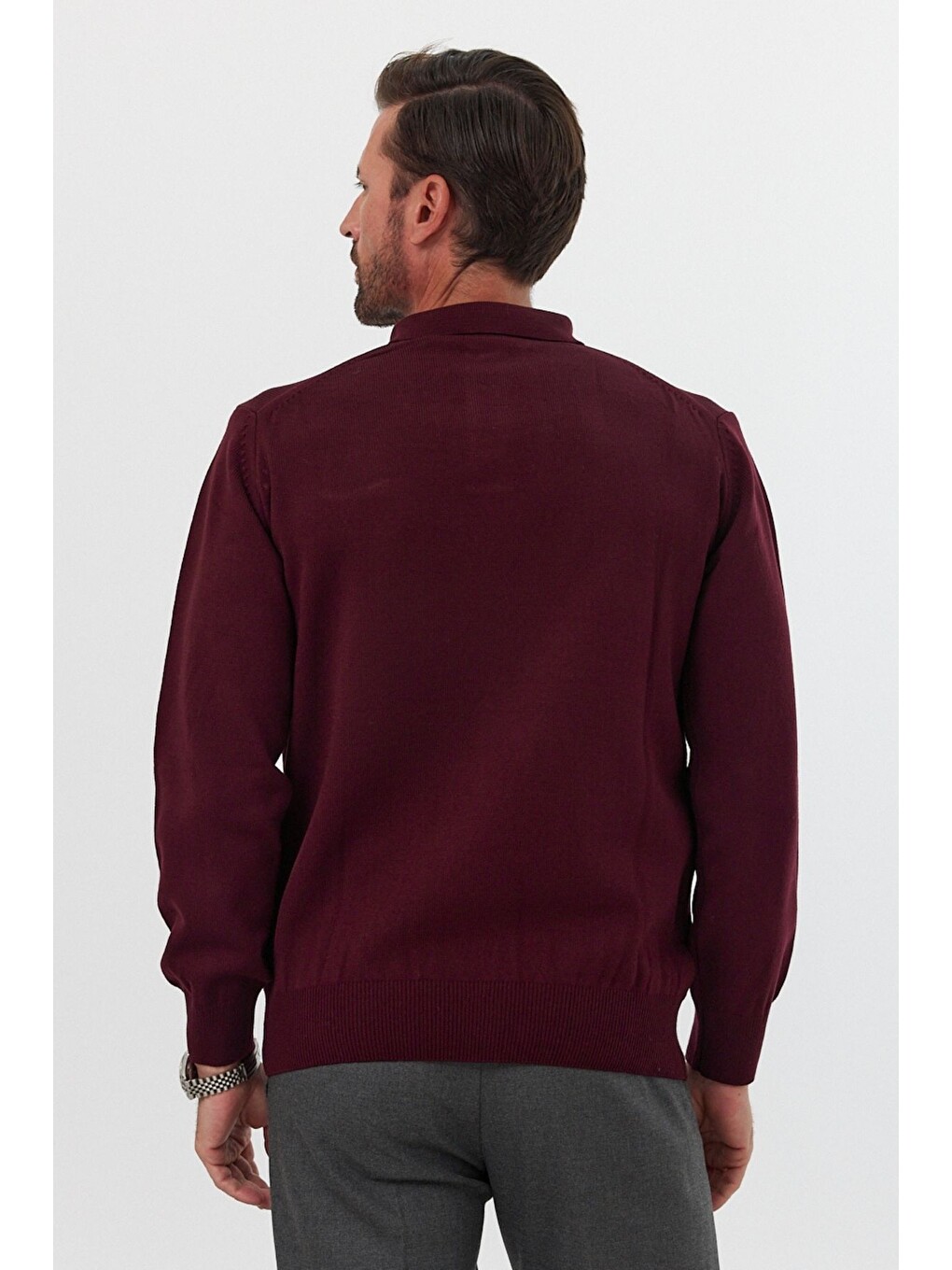 Bordo Erkek Standart Fit Polo Yaka Cepli Triko Kazak-6
