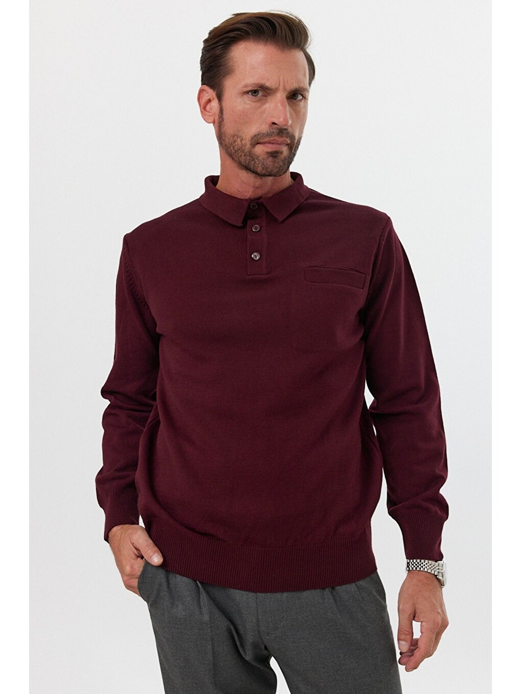 Bordo Erkek Standart Fit Polo Yaka Cepli Triko Kazak-7
