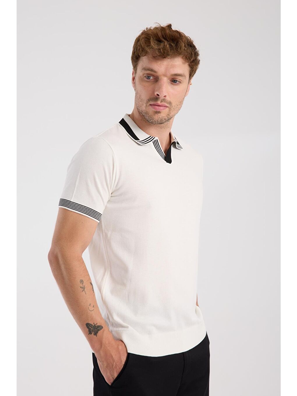 Aclub Victor Örme Kumaş Viskon Karışımlı Slim Fit Ekru Polo Yaka Erkek Düz Polo Shirt-5