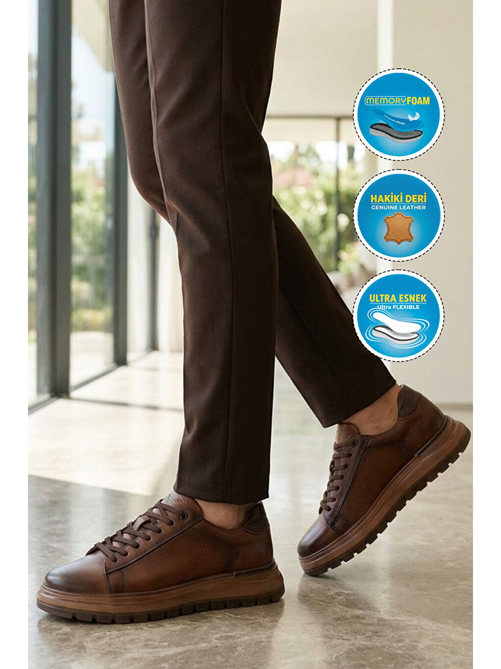 Kahverengi Taba Hakiki Deri Hafızalı Taban Erkek Casual Ayakkabı Sneaker M387 M-2