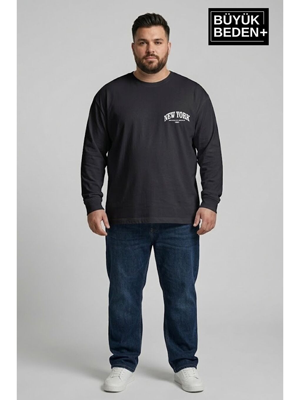 Siyah Erkek Büyük Beden New York Baskılı 2 İplik Bisiklet Yaka Tişört SPR26BTS942-5