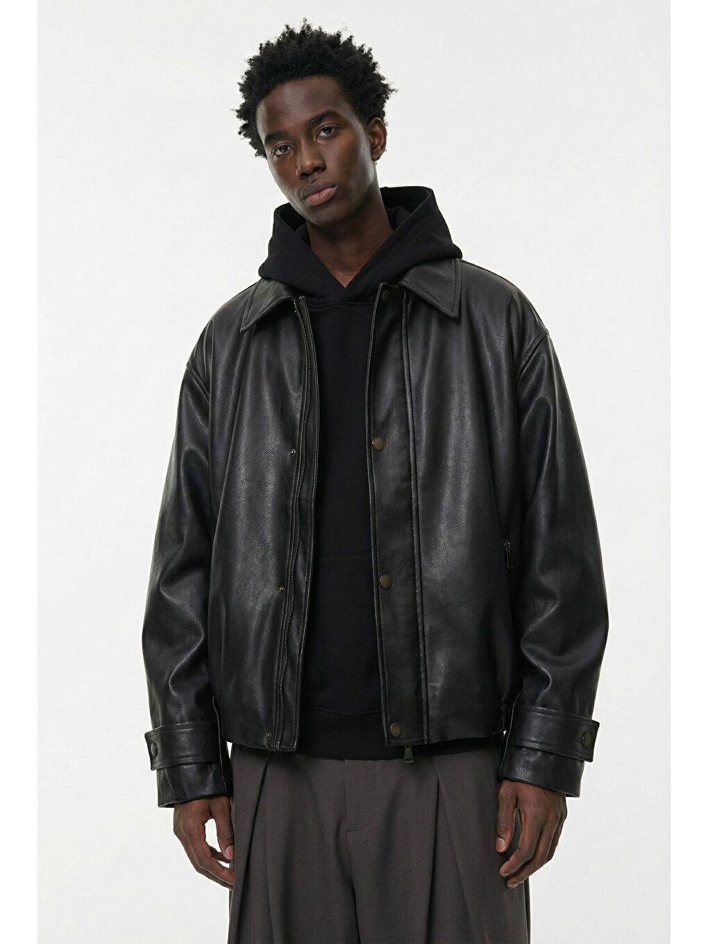 Erkek Boxy Fit Geniş Kesim Premium Deri Ceket Siyah