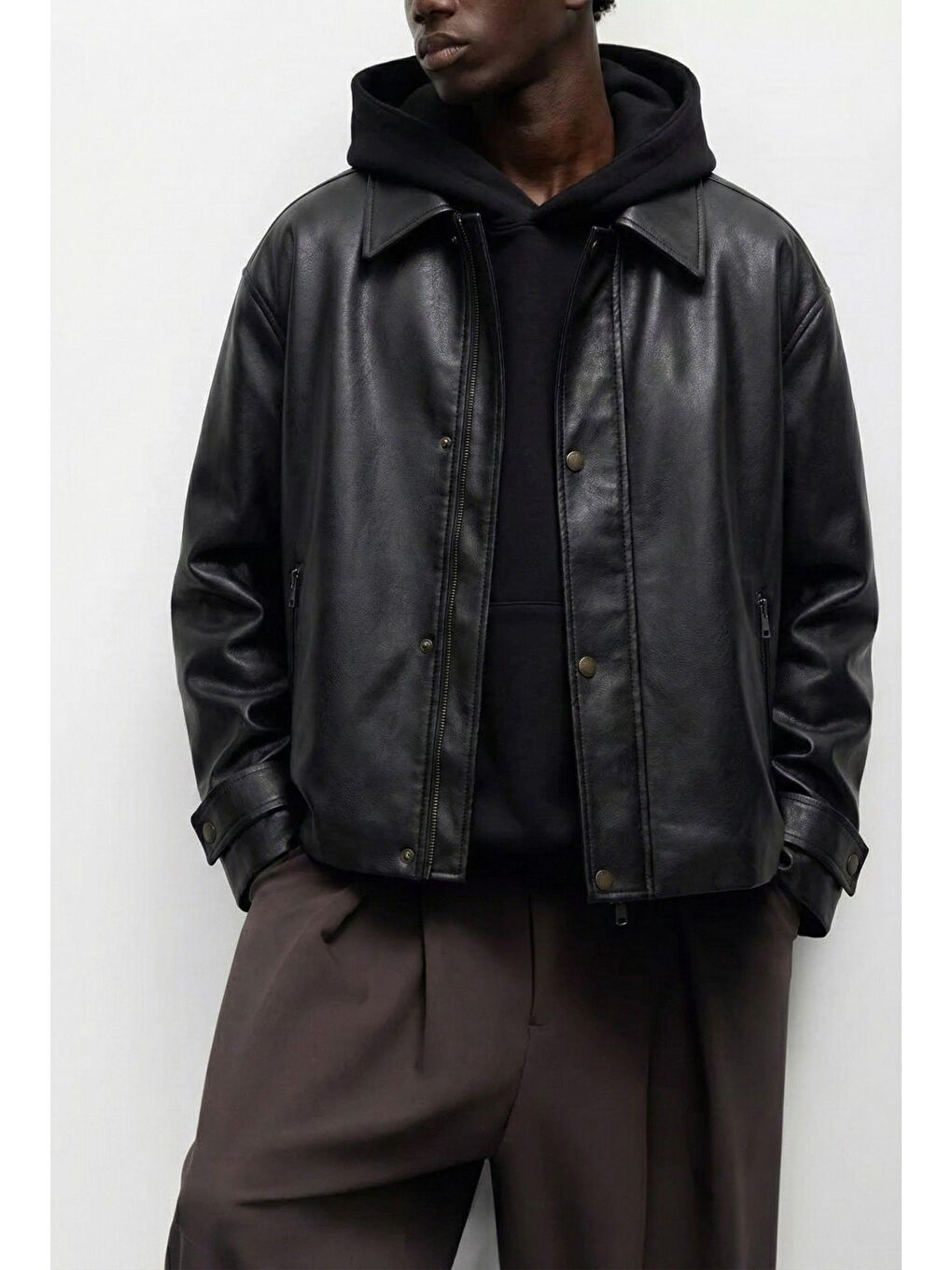 Erkek Boxy Fit Geniş Kesim Premium Deri Ceket Siyah-3