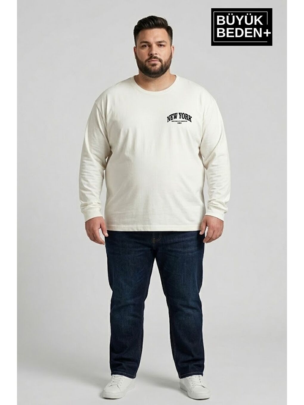 Ekru Erkek Büyük Beden New York Baskılı 2 İplik Bisiklet Yaka Tişört SPR26BTS942-5