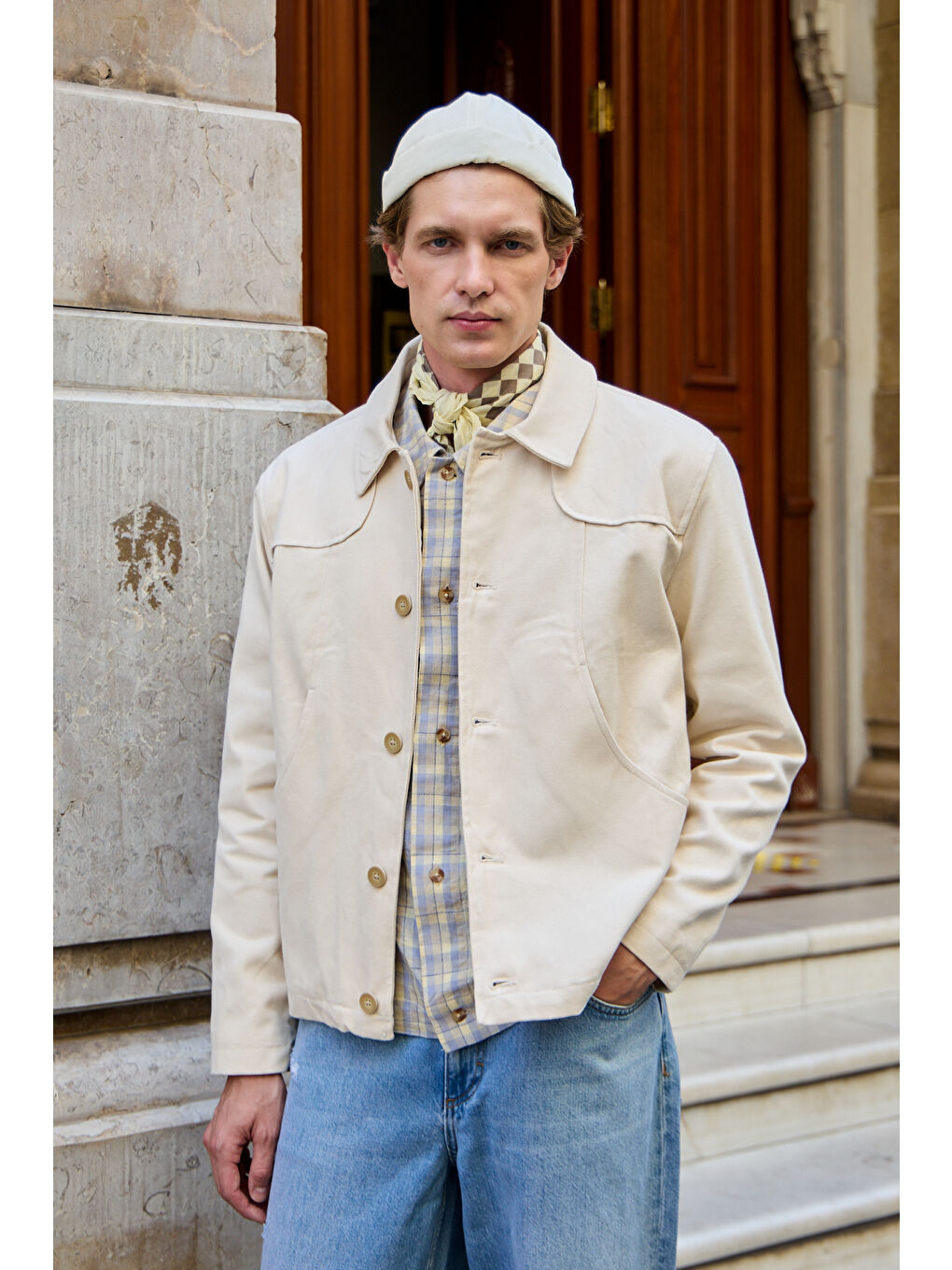 Erkek Teknik Kumaş Mont %100 Pamuk Ceket Bej