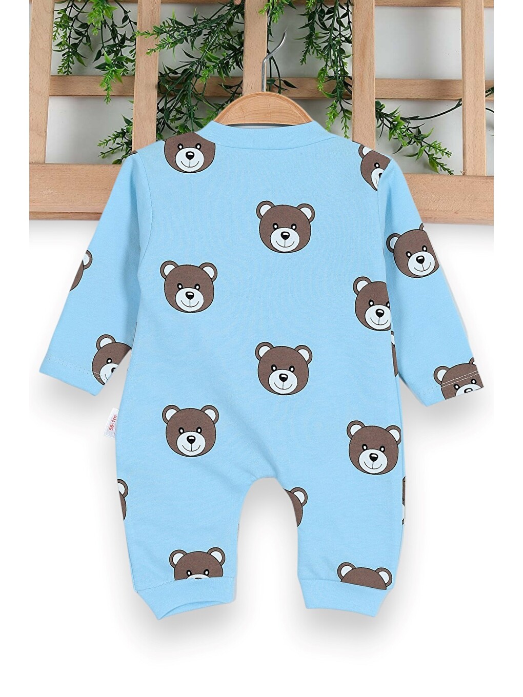 Mavi Unisex Ayıcık Baskılı Manşetli Mevsimlik 0-6 Ay Tulum ince-1