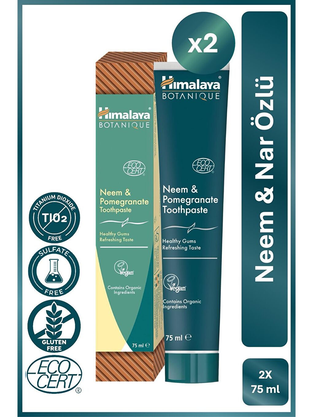 Botanique Doğal Neem & Nar Özlü Florürsüz Organik Diş Macunu 75 ml 2'li Paket | Ecocert Cosmos