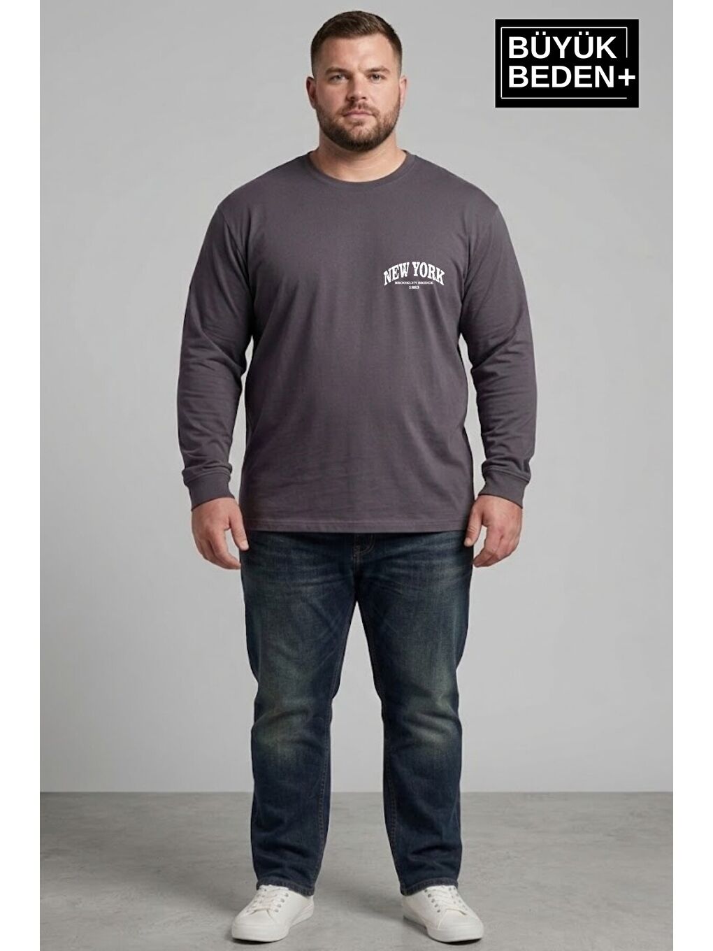 Gri Erkek Büyük Beden New York Baskılı 2 İplik Bisiklet Yaka Tişört SPR26BTS942-5