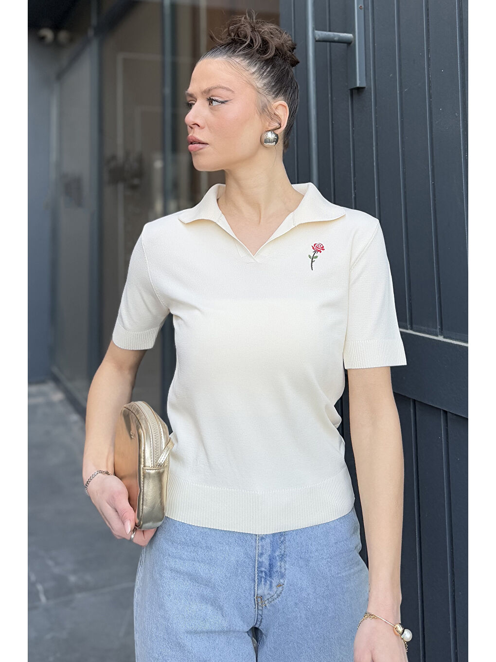 Bej Polo Yaka Gül Nakışlı Kadın Triko Bluz-1