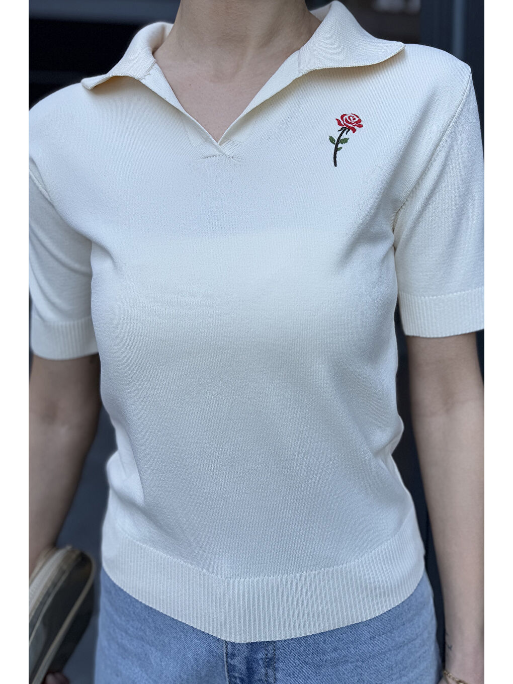 Bej Polo Yaka Gül Nakışlı Kadın Triko Bluz-3