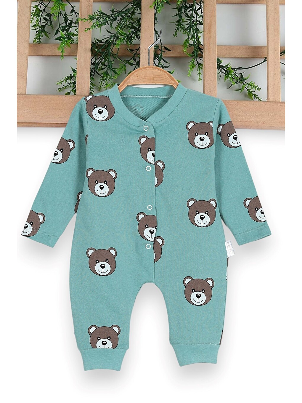 Yeşil Unisex Ayıcık Baskılı Manşetli Mevsimlik Tulum ince