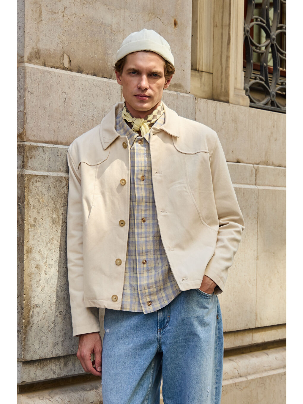 Erkek Teknik Kumaş Mont %100 Pamuk Ceket Bej-1