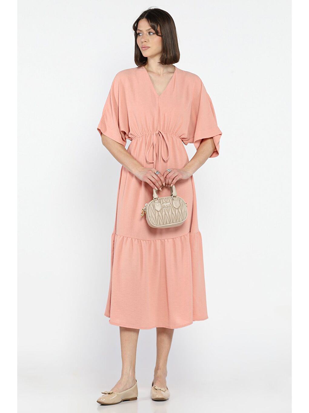 Pembe Bel Bağlamalı V Yaka Kadın Elbise-1