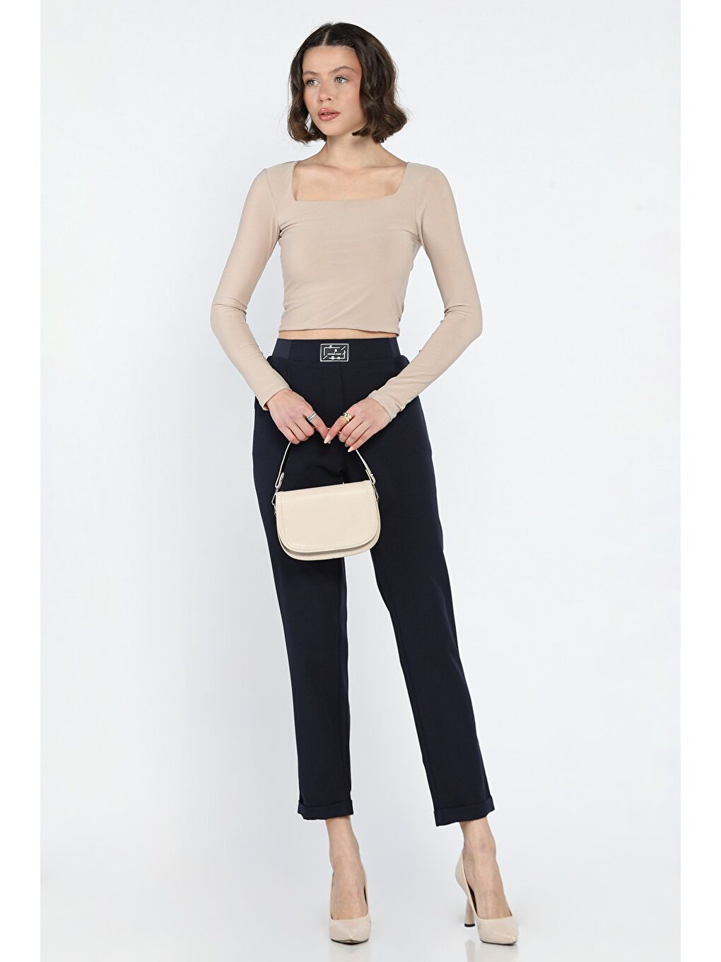 Lacivert Büyük Beden Bel Lastikli Duble Paça Kadın Pantolon-1