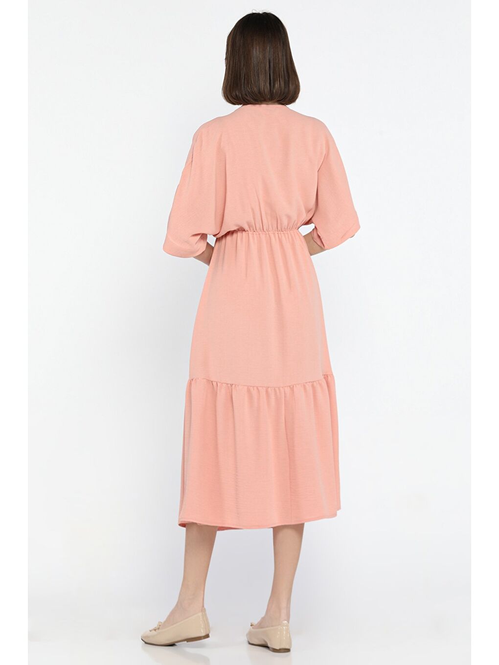 Pembe Bel Bağlamalı V Yaka Kadın Elbise-2