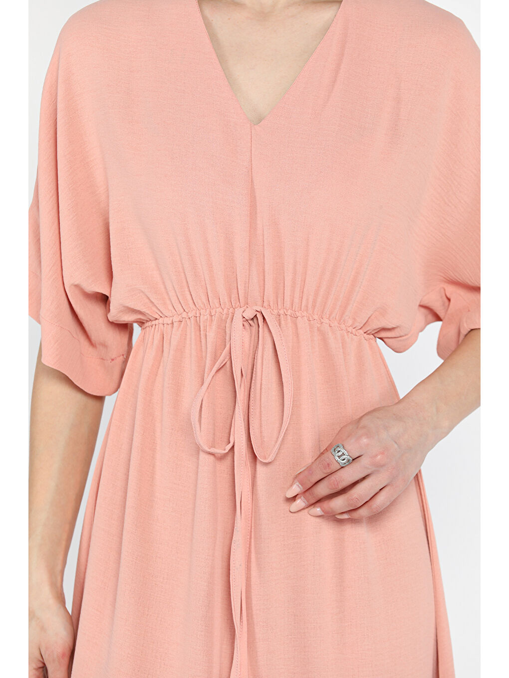 Pembe Bel Bağlamalı V Yaka Kadın Elbise-3