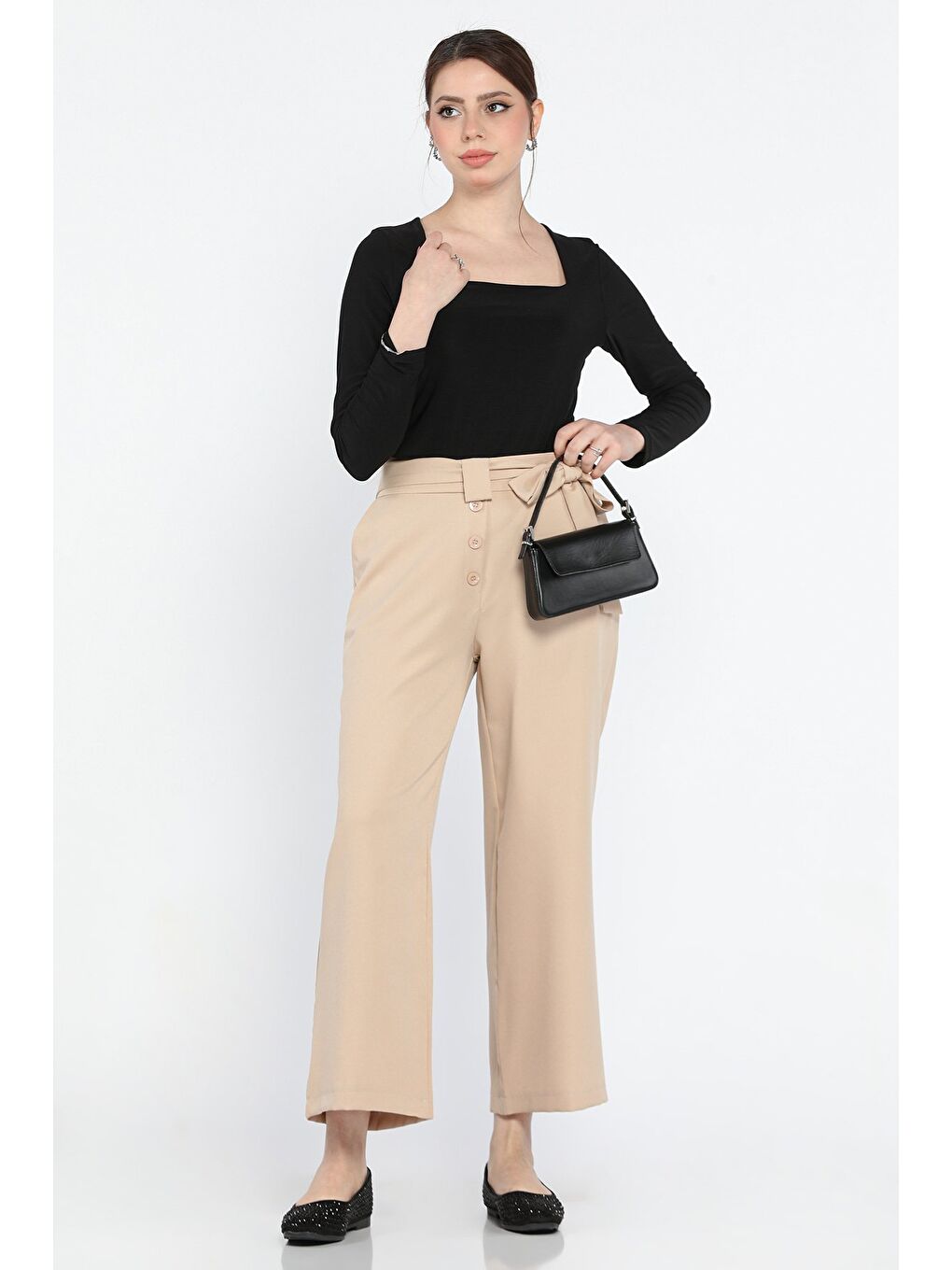 Bej Bel Bağlamalı Büyük Beden Kadın Pantolon