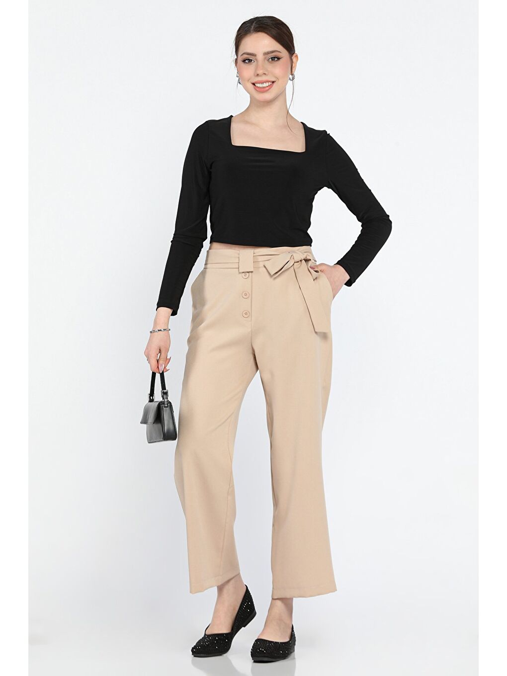 Bej Bel Bağlamalı Büyük Beden Kadın Pantolon-1