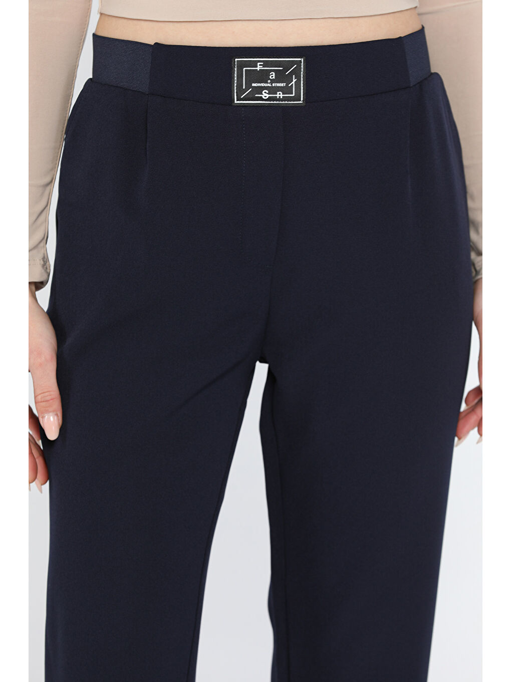 Lacivert Büyük Beden Bel Lastikli Duble Paça Kadın Pantolon-3