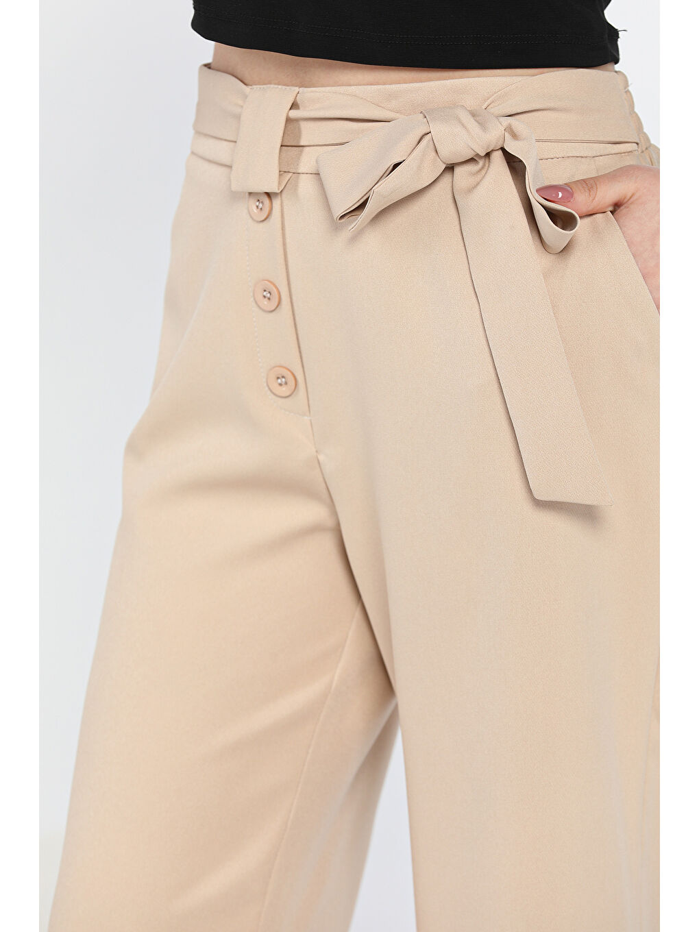 Bej Bel Bağlamalı Büyük Beden Kadın Pantolon-3