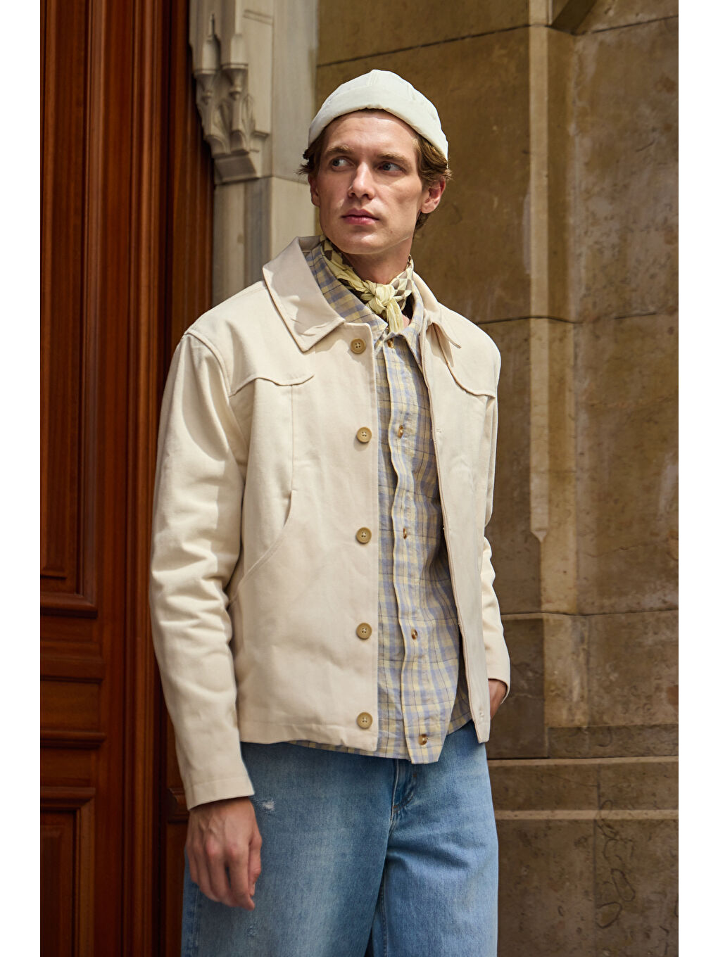 Erkek Teknik Kumaş Mont %100 Pamuk Ceket Bej-3