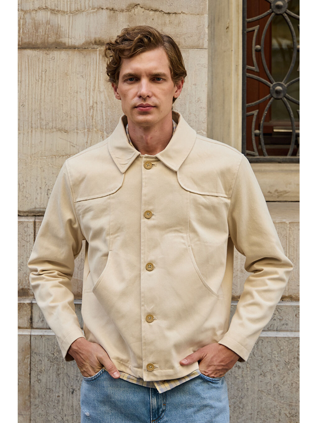 Erkek Teknik Kumaş Mont %100 Pamuk Ceket Bej-4