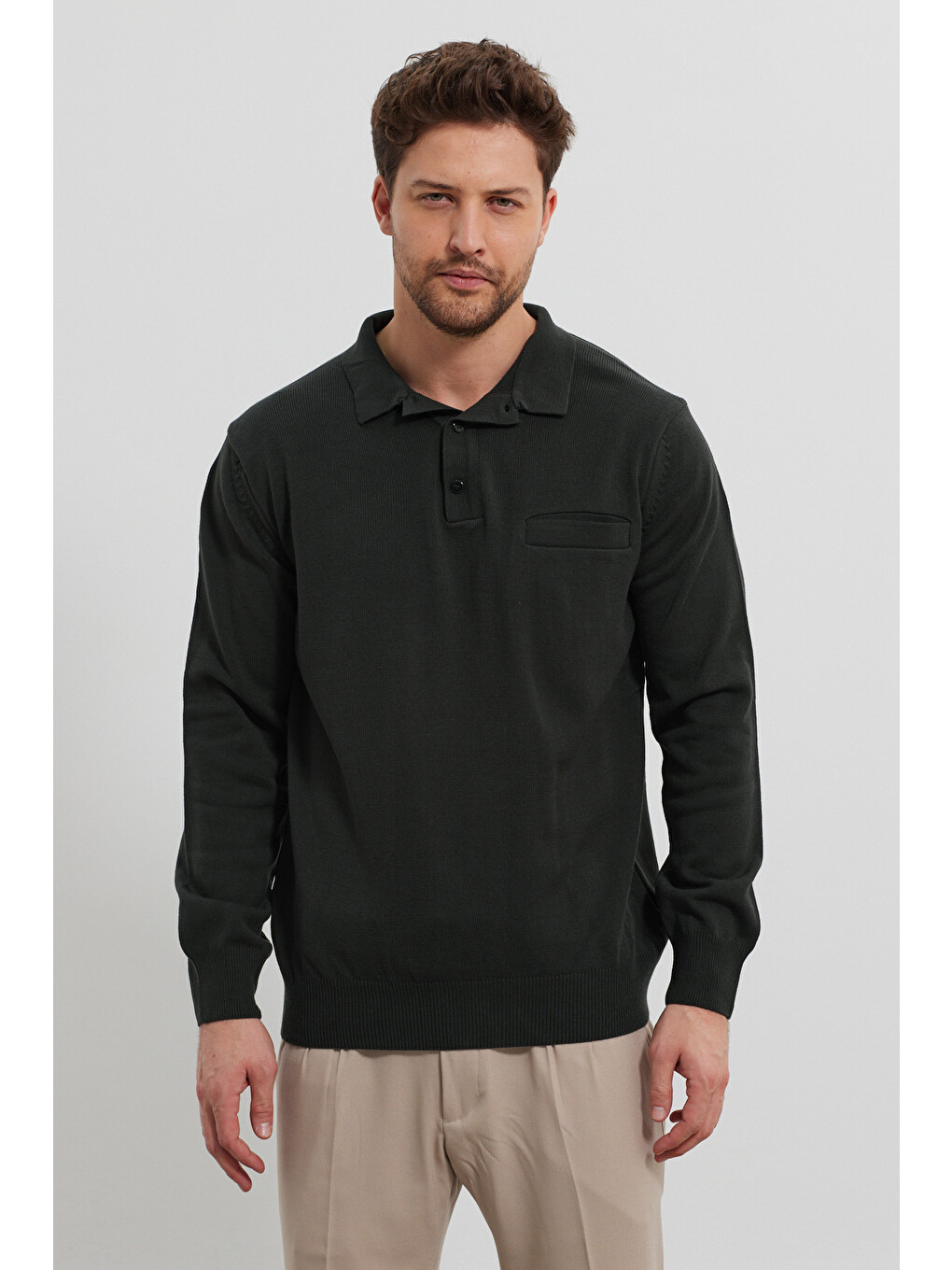 Yeşil Erkek Standart Fit Polo Yaka Cepli Triko Kazak