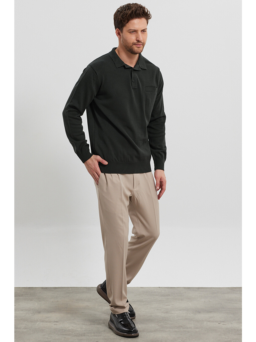 Yeşil Erkek Standart Fit Polo Yaka Cepli Triko Kazak-2