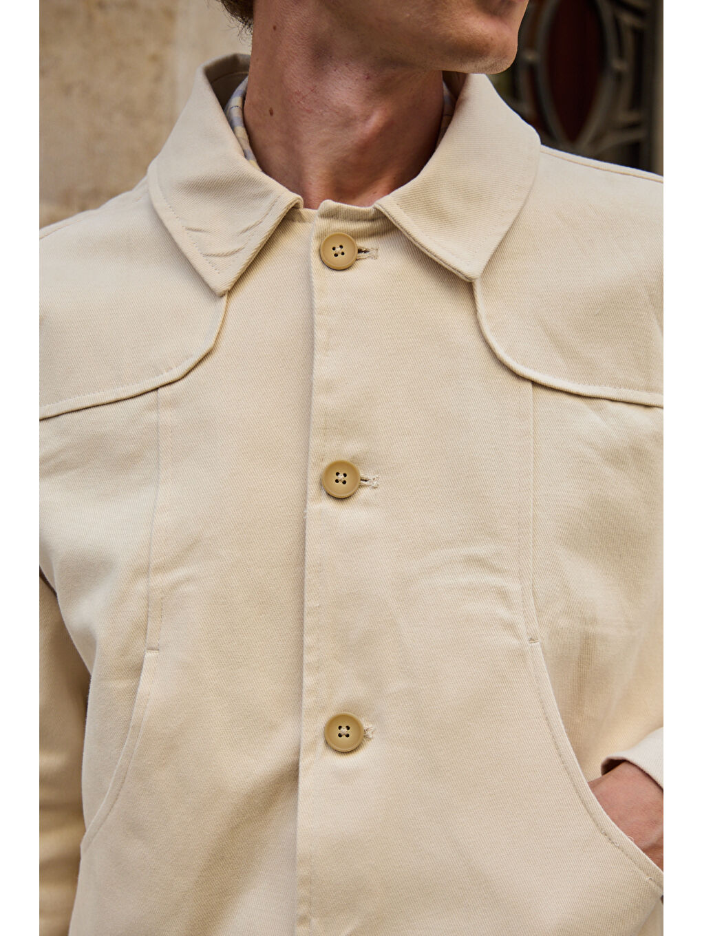 Erkek Teknik Kumaş Mont %100 Pamuk Ceket Bej-5