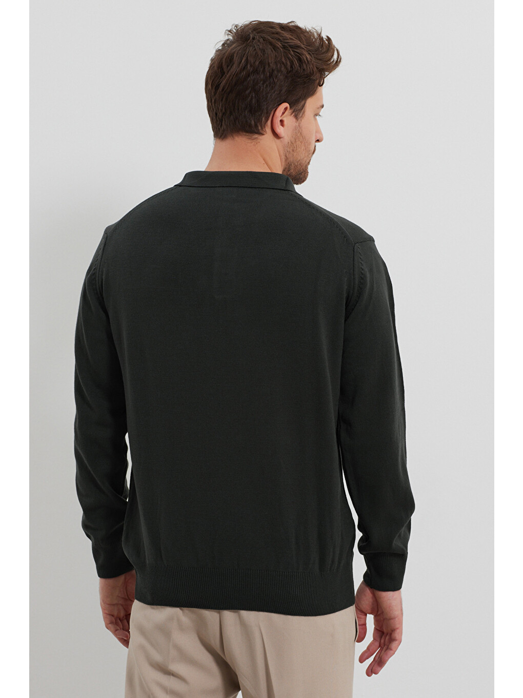 Yeşil Erkek Standart Fit Polo Yaka Cepli Triko Kazak-5
