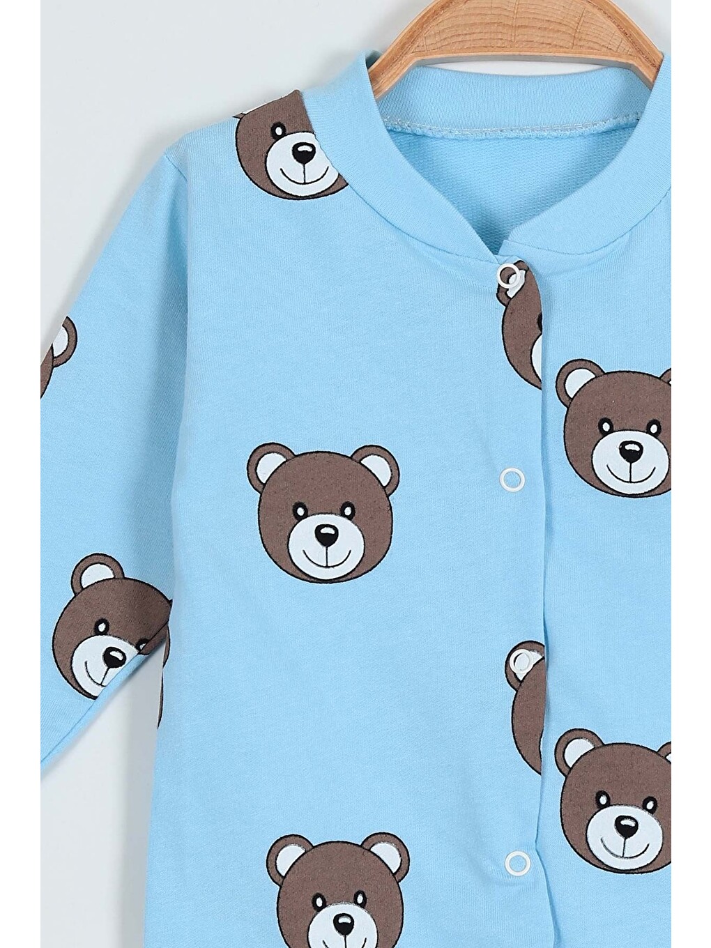 Mavi Unisex Ayıcık Baskılı Manşetli Mevsimlik 0-6 Ay Tulum ince-2