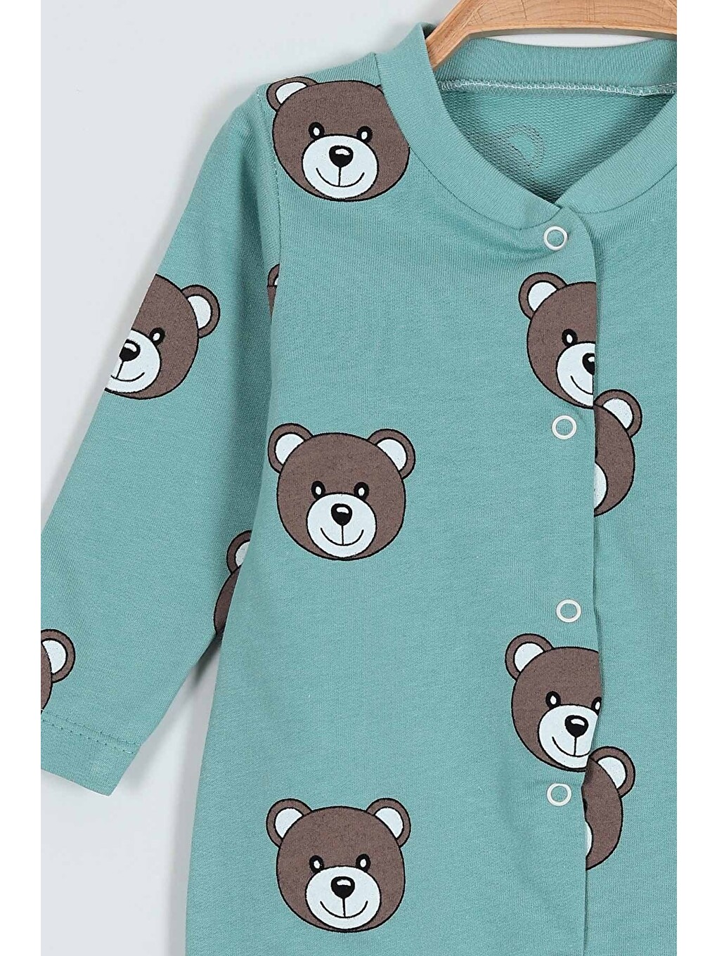 Yeşil Unisex Ayıcık Baskılı Manşetli Mevsimlik Tulum ince-2