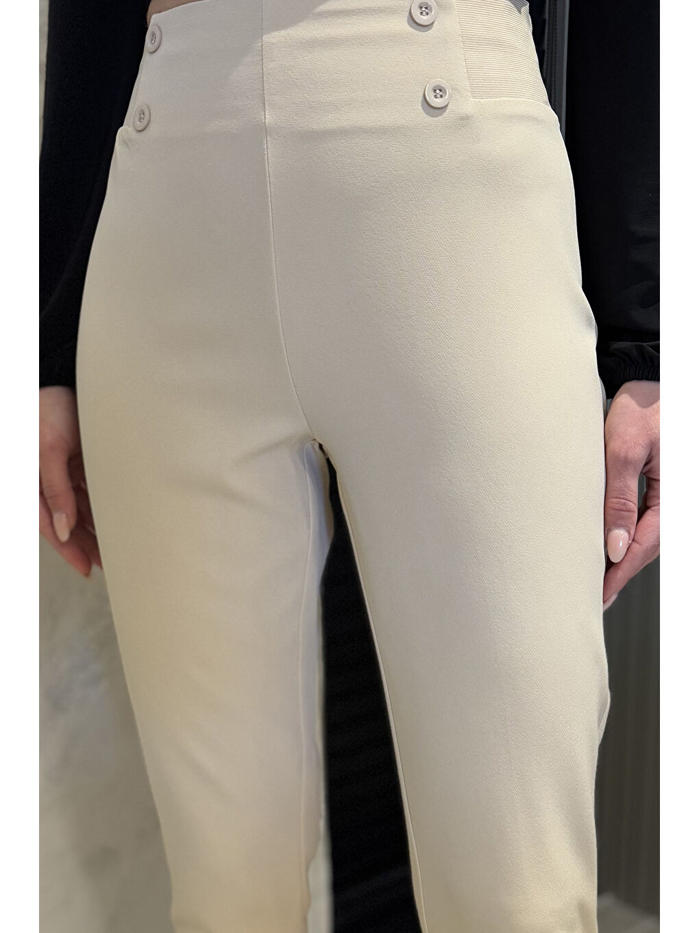 Bej Kadın Bel Lastikli Kumaş Pantolon-3