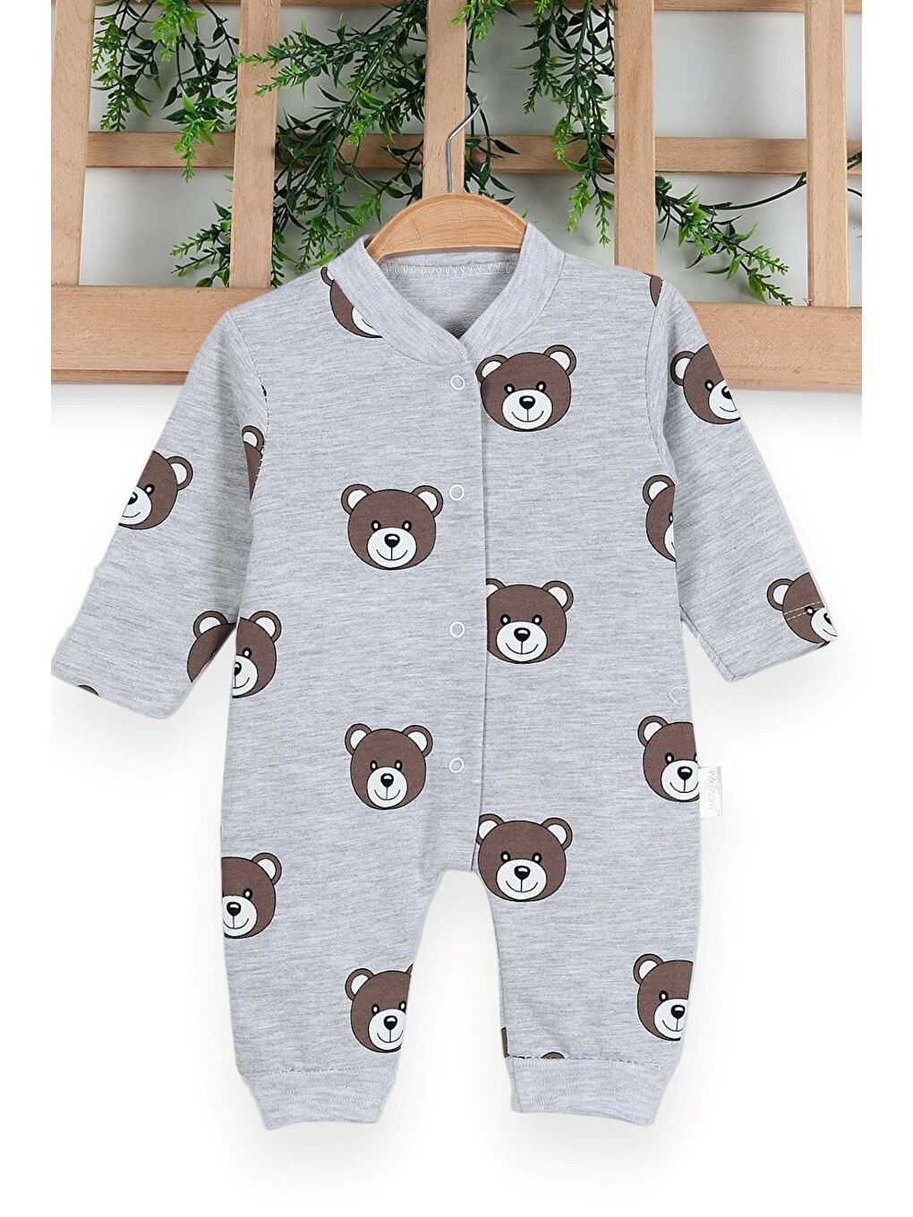 Gri Unisex Ayıcık Baskılı Manşetli Mevsimlik Tulum ince