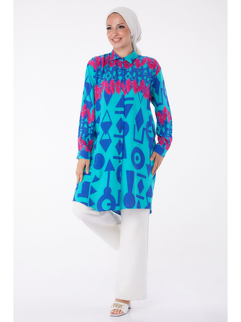 Gömlek Yaka Kadın Yeşil Desenli Tunik - 26003