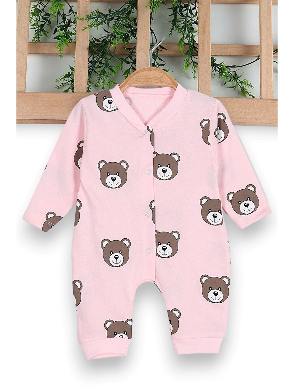 Pembe Unisex Ayıcık Baskılı Manşetli Mevsimlik Tulum ince