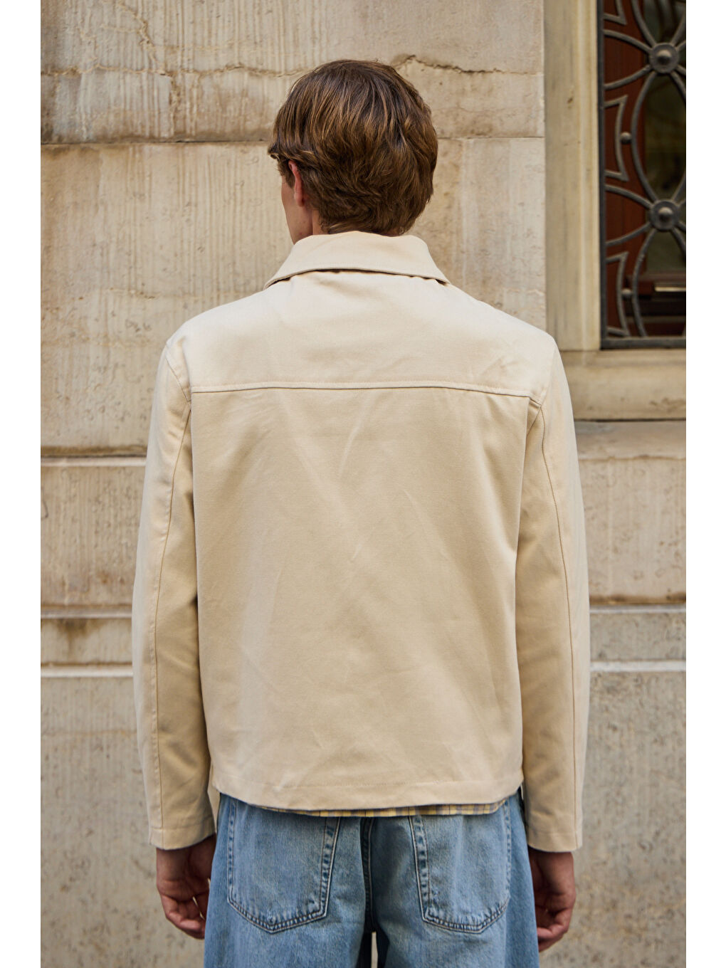 Erkek Teknik Kumaş Mont %100 Pamuk Ceket Bej-7