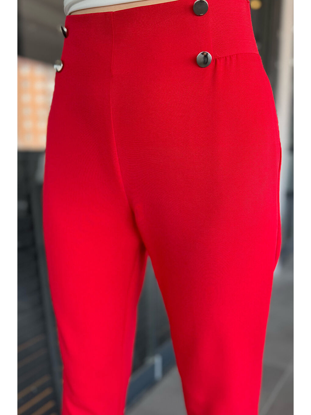 Kırmızı Büyük Beden Bel Lastikli Kadın Kumaş Pantolon-2