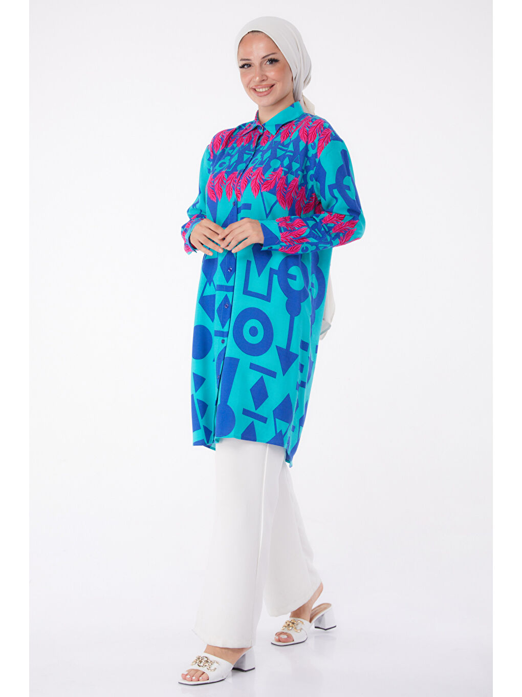 Gömlek Yaka Kadın Yeşil Desenli Tunik - 26003-1