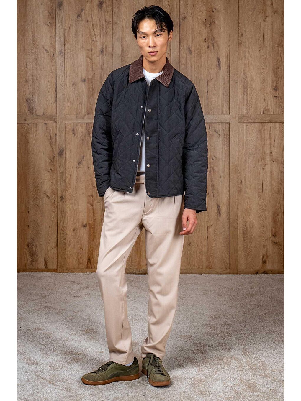 Erkek Oversize Kadife Yaka Detaylı Kapitone Ceket Siyah-2