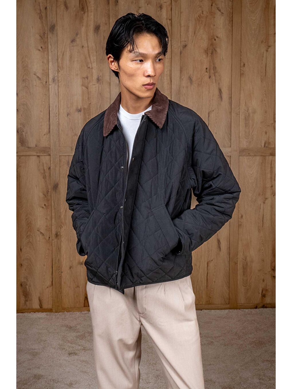 Erkek Oversize Kadife Yaka Detaylı Kapitone Ceket Siyah-3