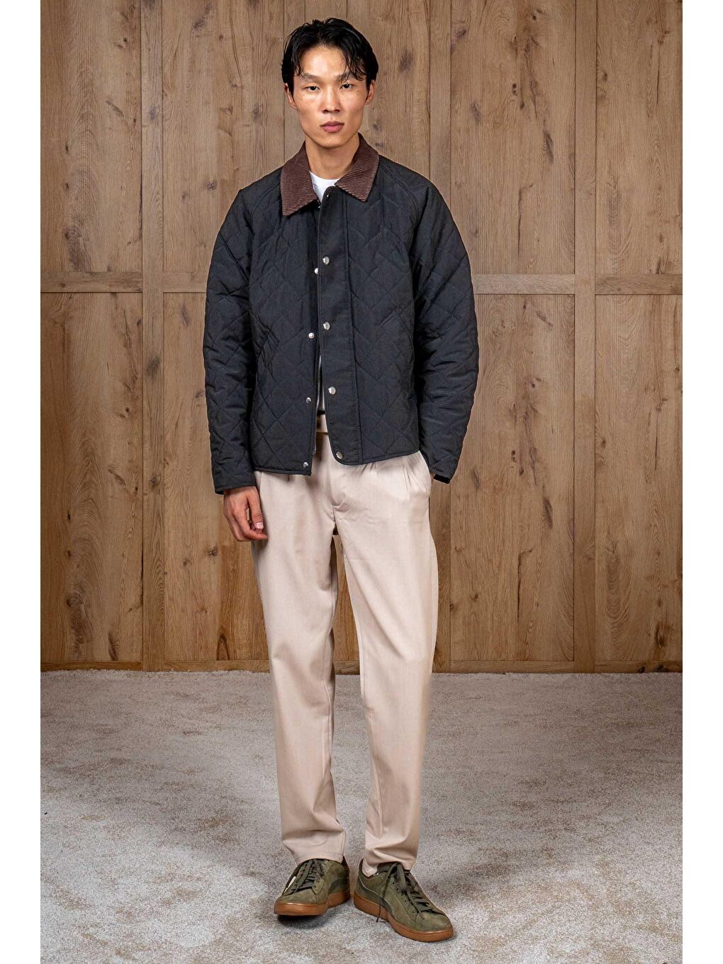 Erkek Oversize Kadife Yaka Detaylı Kapitone Ceket Siyah-4