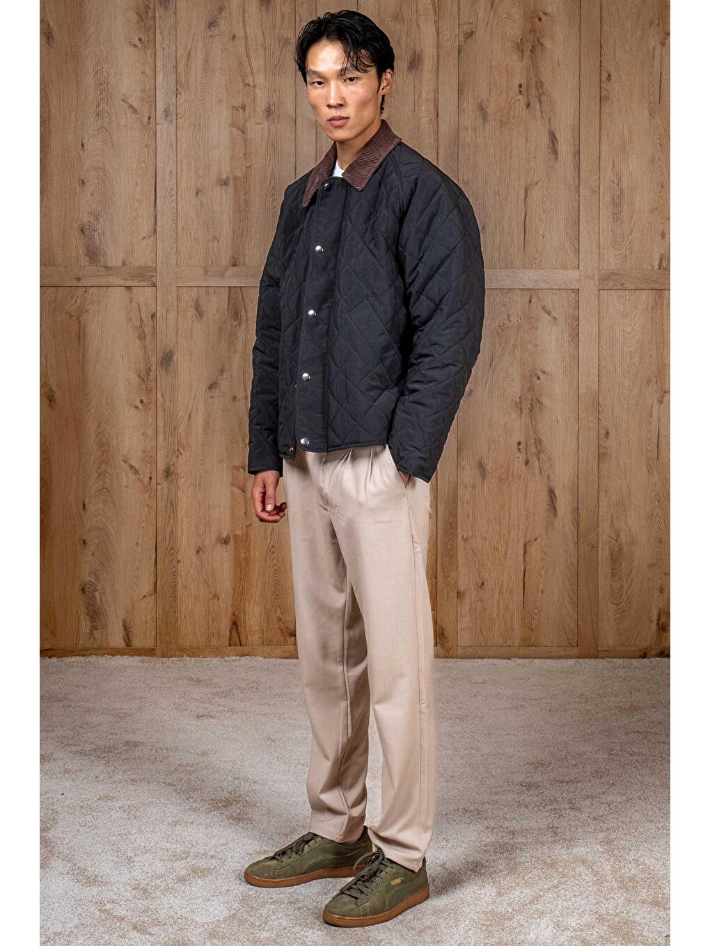 Erkek Oversize Kadife Yaka Detaylı Kapitone Ceket Siyah-7