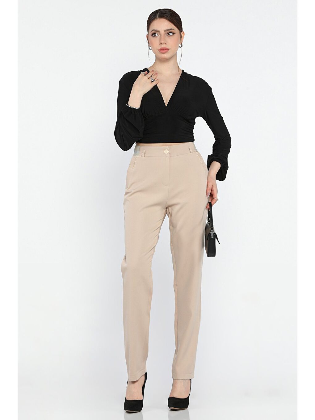 Bej Büyük Beden Bel Lastikli Kadın Kumaş Pantolon-1