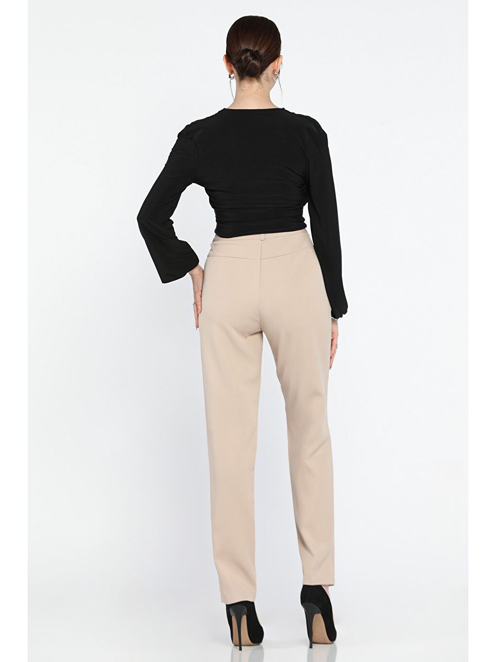 Bej Büyük Beden Bel Lastikli Kadın Kumaş Pantolon-2